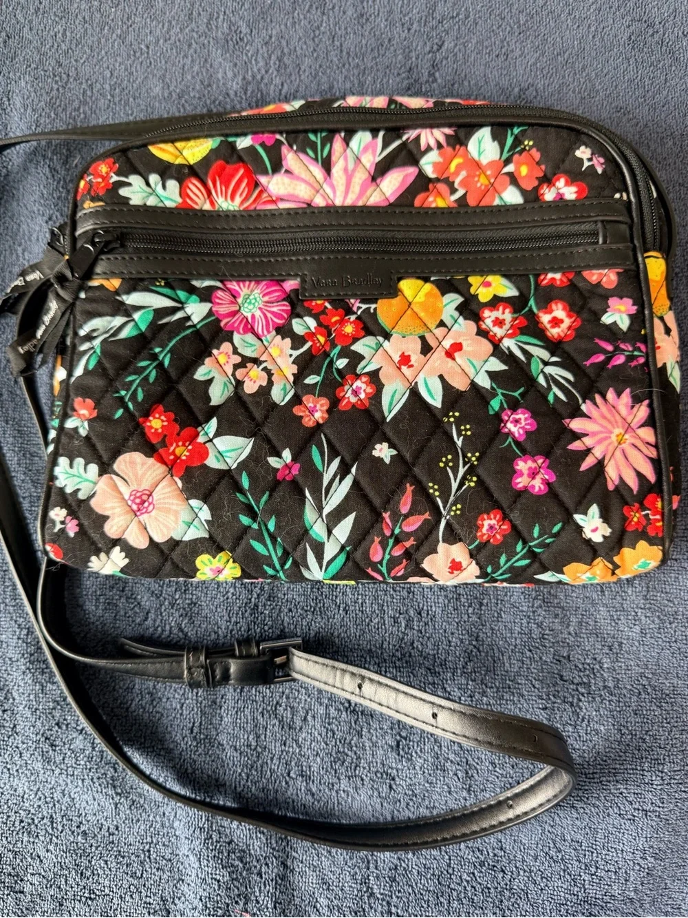 Vera Bradley Black Quilted Crossbody with Bright Floral Print